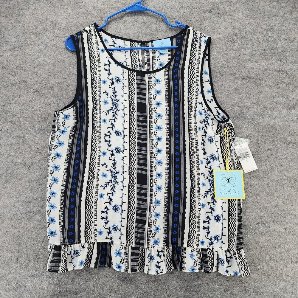 CeCe Top Womens Large Sleeveless Black White Striped
